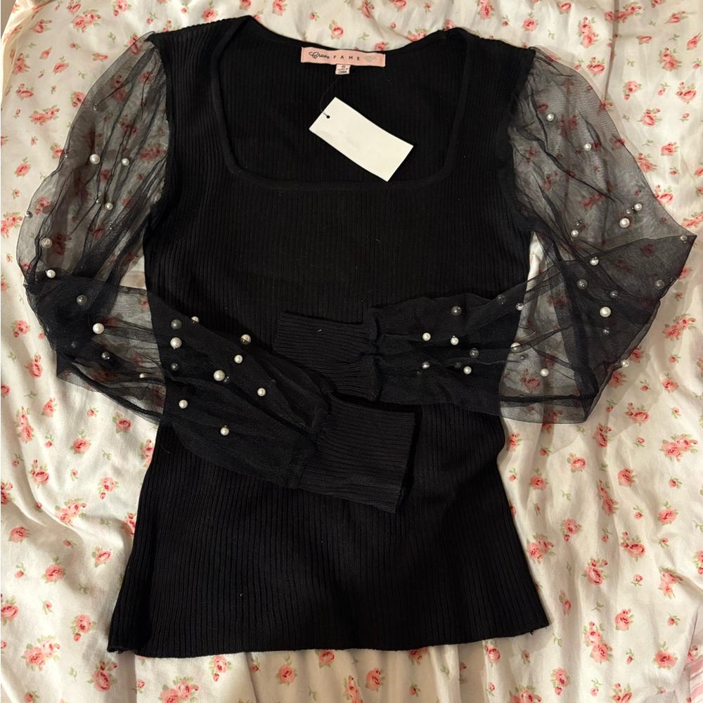 CRAVE FAME black top with mesh pearled sleeves